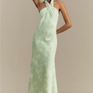 Green Floral BHLDN Ruby Twist Halter Satin Gown